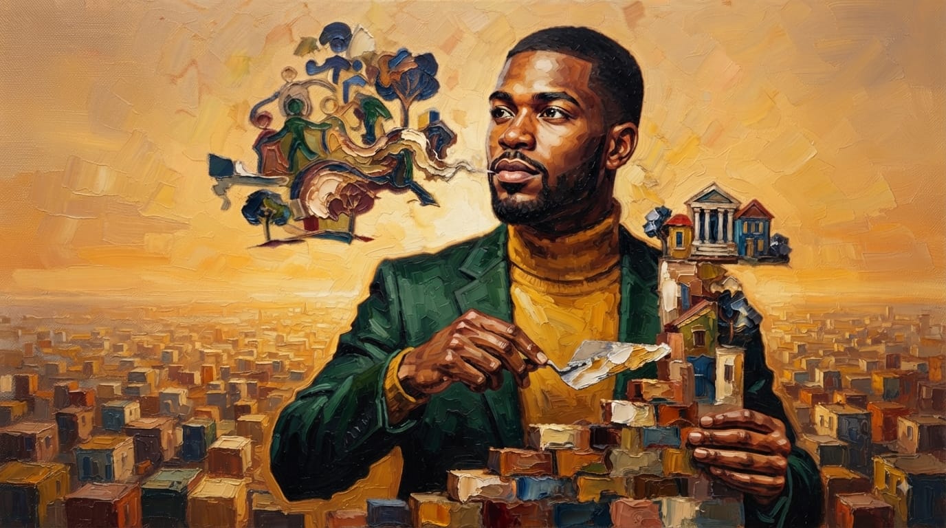 A painted figure laying bricks, building a community out of the ideas above their head