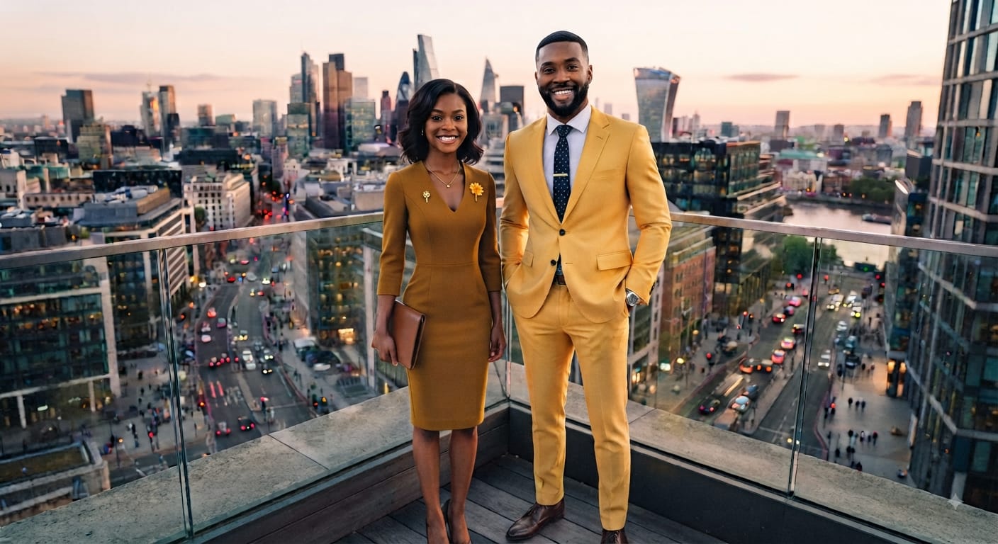 Two Terapo leaders in yellow, standing above the city at dusk