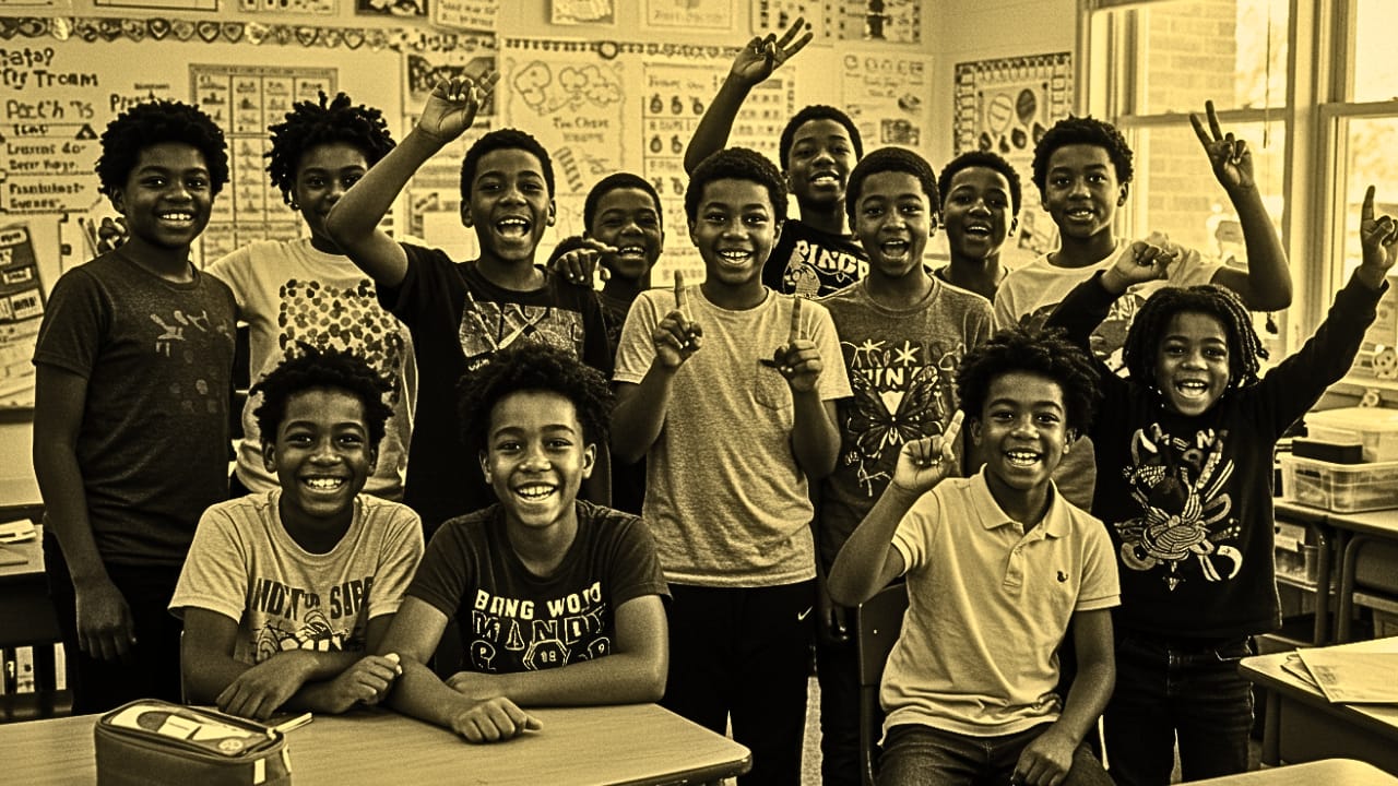 A classroom of school children cheering with their hands in the air