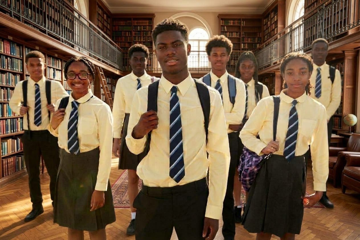 Smiling secondary school students in uniform with backpacks, standing in a library